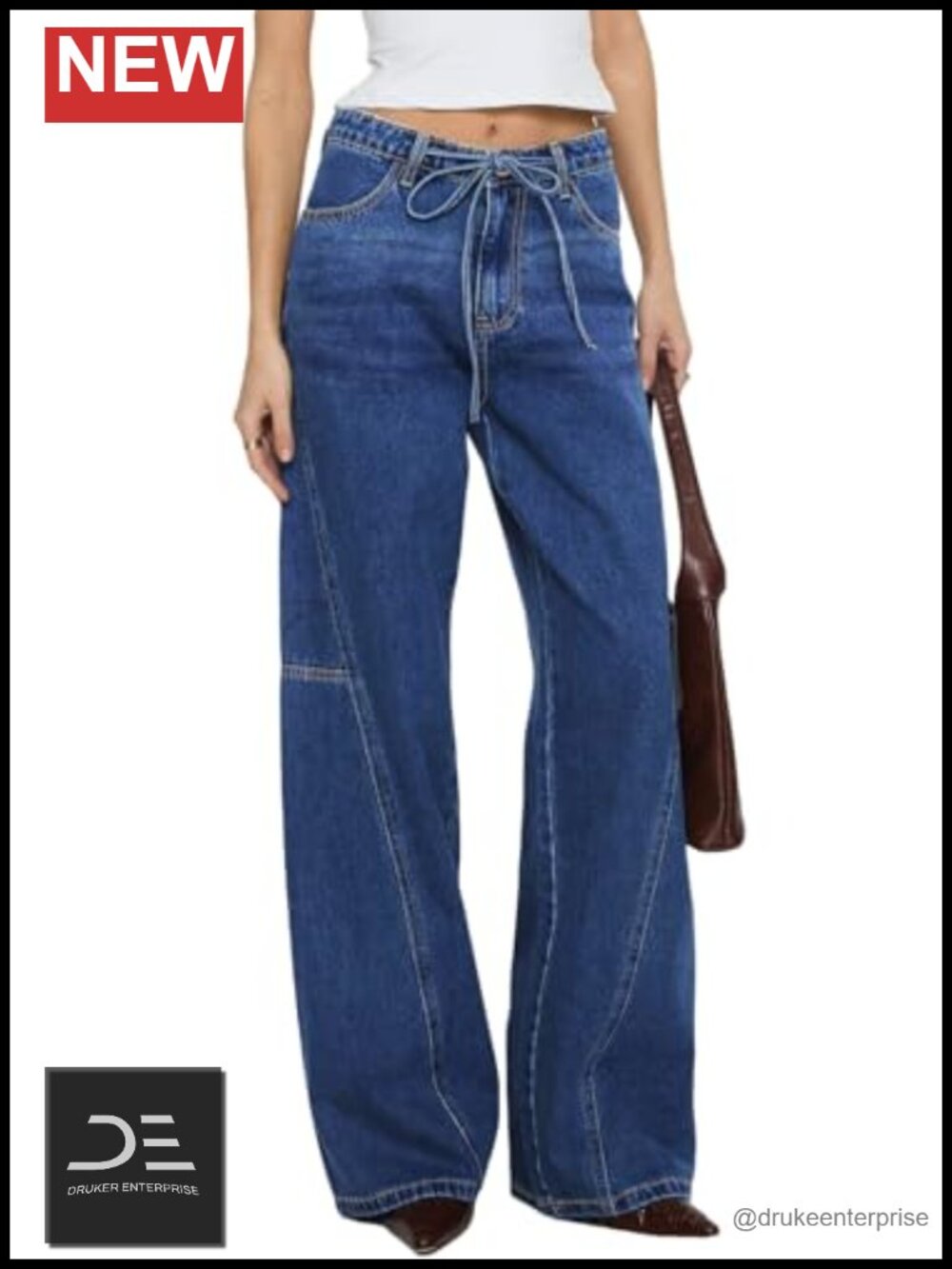 Mid Rise Wide Leg Denim Jeans with Drawstring Button Down